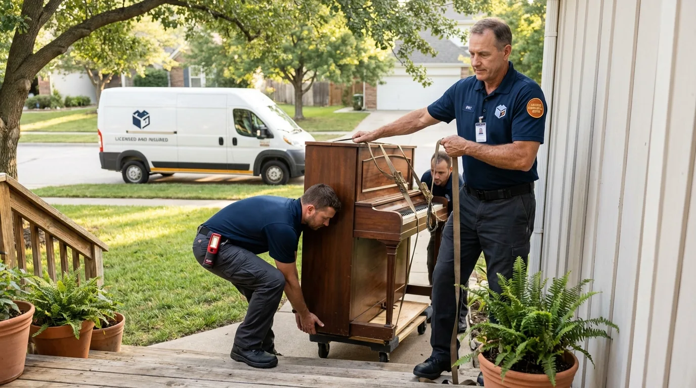 Licensed piano movers securing grand piano in Jewett City, CT