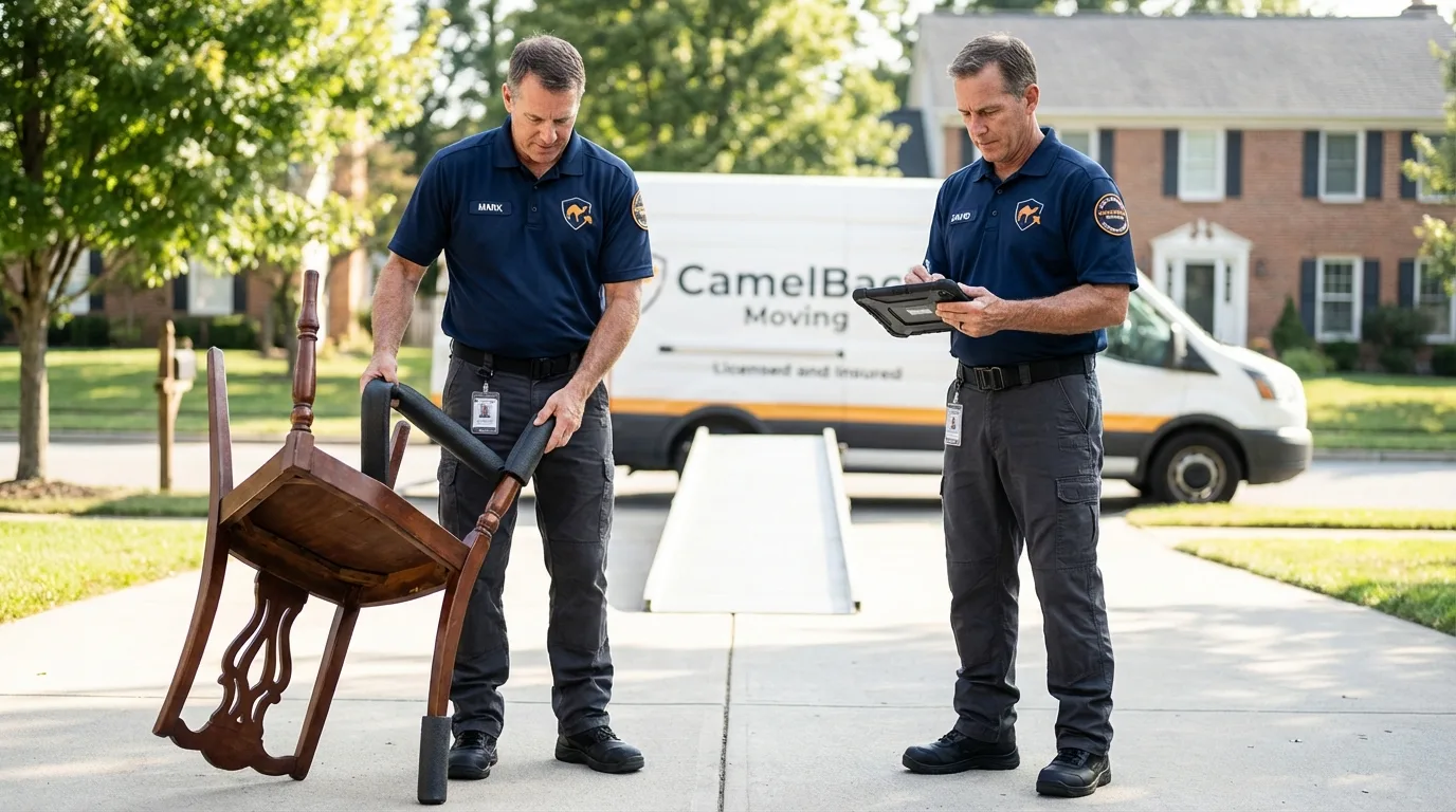 Movers inspecting furniture for damage prevention before loading in Jewett City, CT
