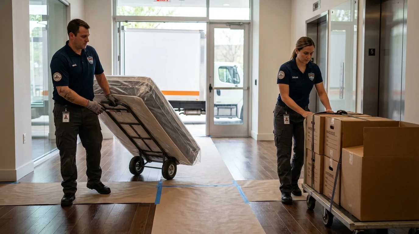 Professional apartment movers loading elevator in Jewett City, CT