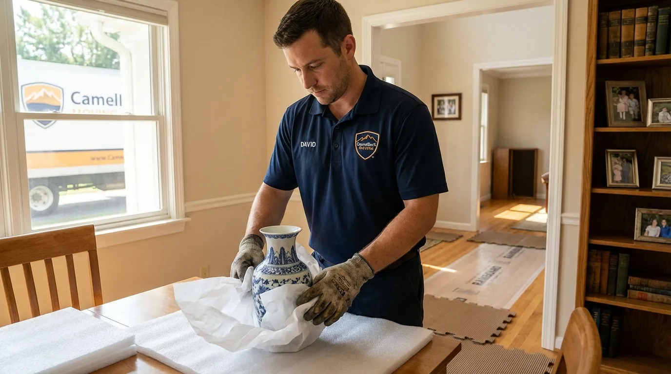 Professional crew carefully wrapping antique vase for senior downsizing move in Jewett City, CT